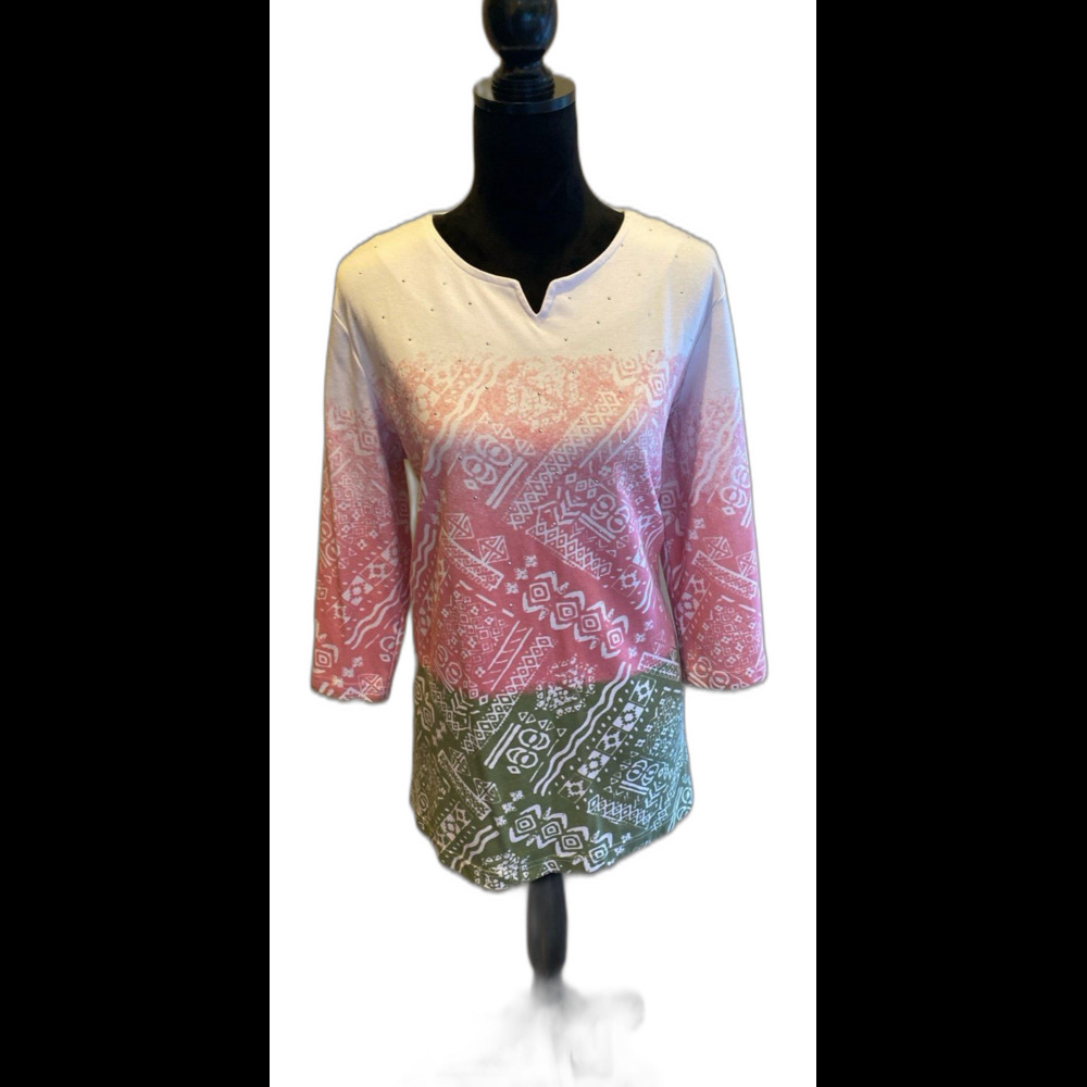 Southern‎ Lady Blouse Sz Large Top White Pink Green Design + Stretch Casual Long
